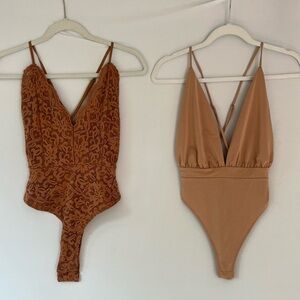 2 PACK- Brown Lace Windsor Bodysuit & Brown Satin Bodysuit, V-neck, open back, S